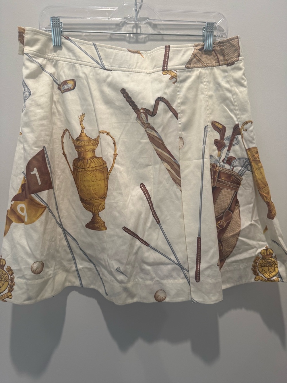 Ralph Lauren Golf Skirt Cream with Gold Trophy & Equestrian Print  NWT